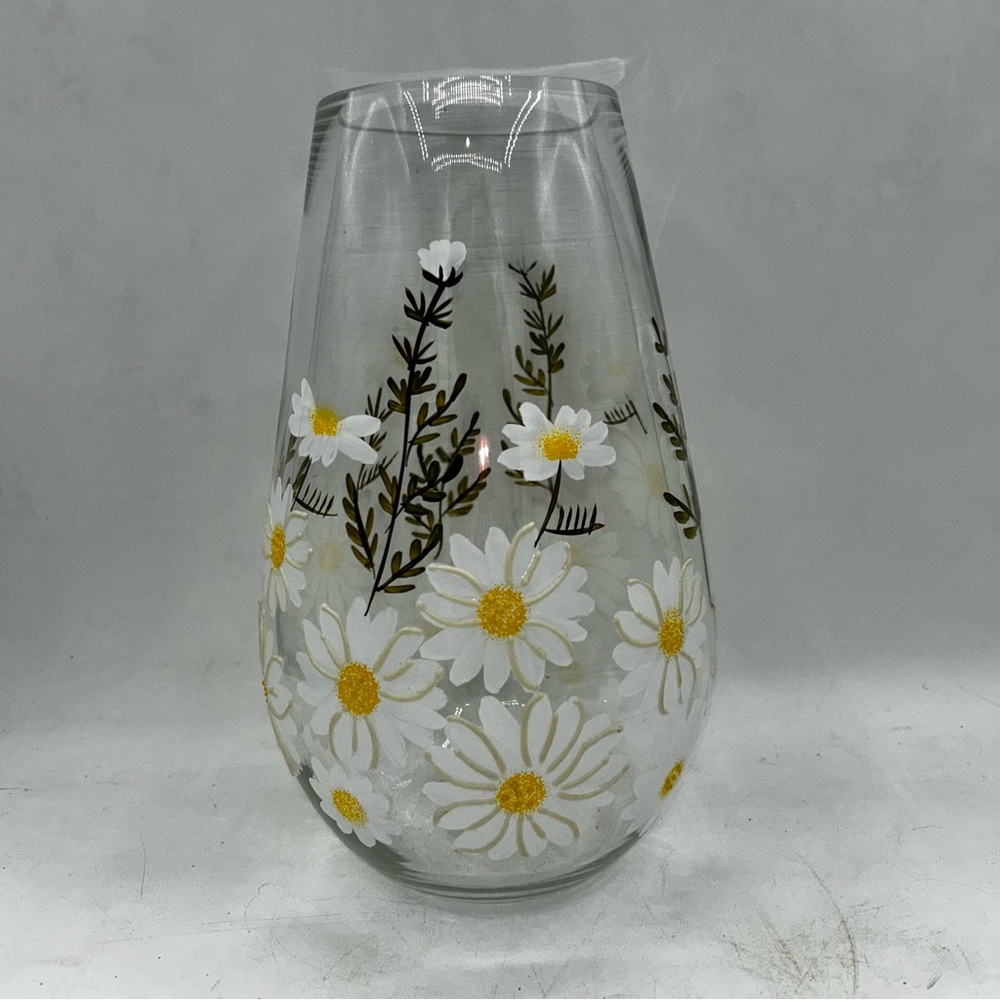 Gorgeous Hand Painted Daisy Daisies Vase Clear Glass 9.25” Tall